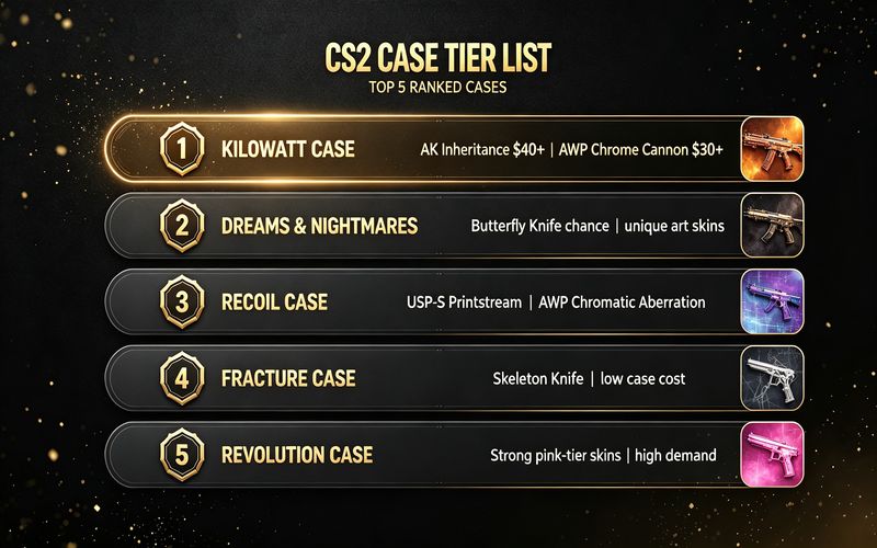 CS2 case tier list ranked by ROI — Kilowatt Case #1, Dreams & Nightmares #2, Recoil #3, Fracture #4, Revolution #5