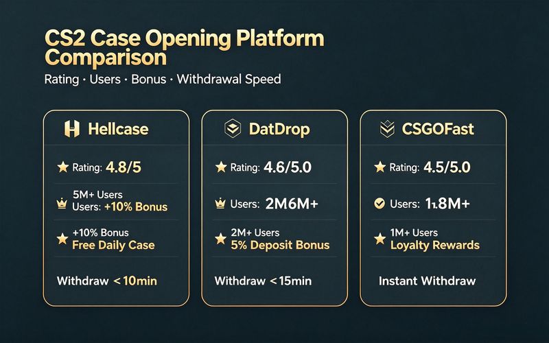 CS2 case opening sites comparison chart — Hellcase vs DatDrop vs CSGOFast ratings, bonuses, and withdrawal speeds