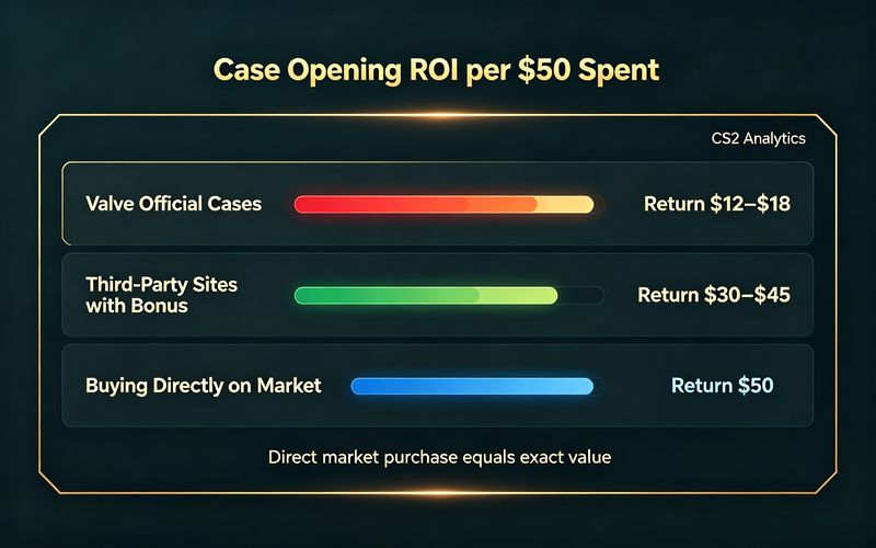CS2 case opening ROI chart — Valve cases return $12-18, third-party with bonus return $30-45, buying direct $50 per $50 spent