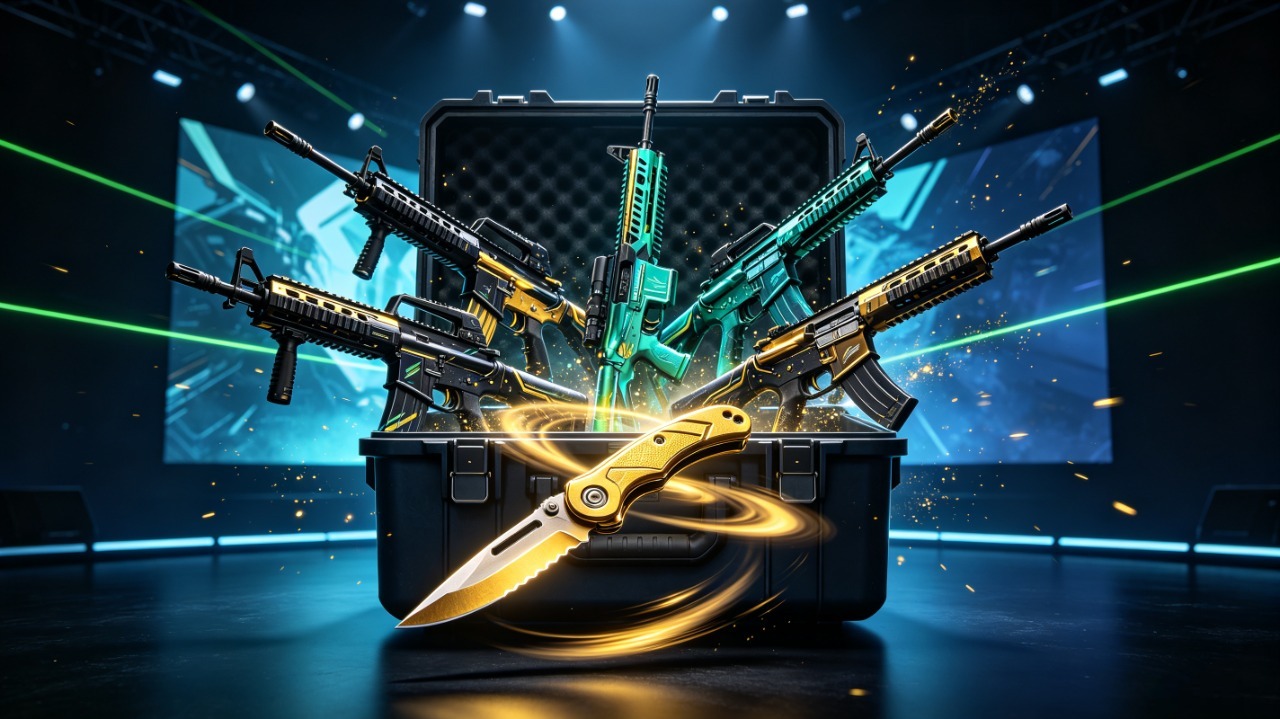 Free CS2 skins - open case with skins and a golden knife