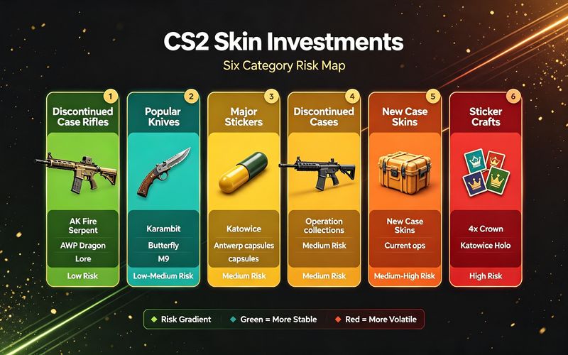 CS2 skin investment categories ranked by risk — discontinued rifles low risk, popular knives medium, major stickers medium, new case skins high risk