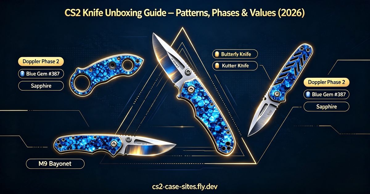 CS2 knife unboxing guide — Doppler phases Sapphire Ruby, Case Hardened Blue Gem, float values, and knife price rankings