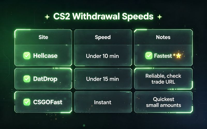 CS2 skin withdrawal speed comparison table — Hellcase under 10 minutes, DatDrop under 15 minutes, CSGOFast instant